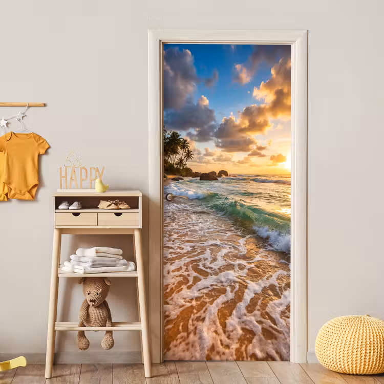 Strand - Zonsondergang - Golven - Natuur - Goud deurposter klein -sfeer4