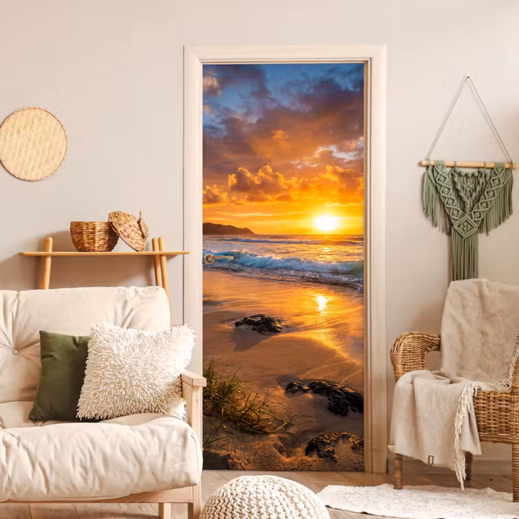 Strand - Zonsondergang - Golven - Natuur - Oranje deurposter klein -sfeer2