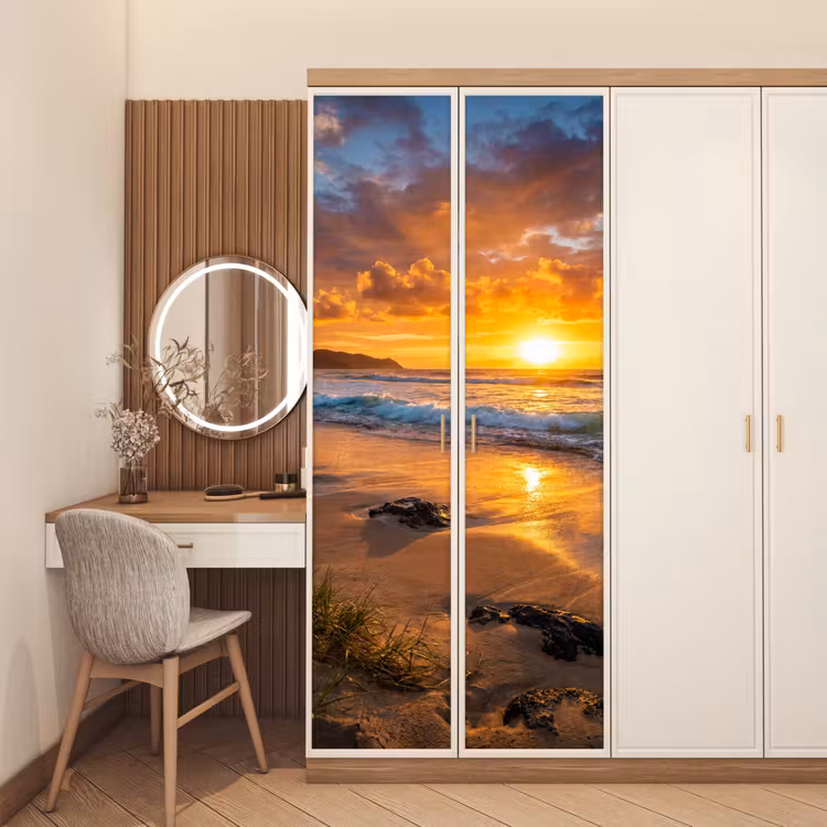 Strand - Zonsondergang - Golven - Natuur - Oranje deurposter klein -sfeer3