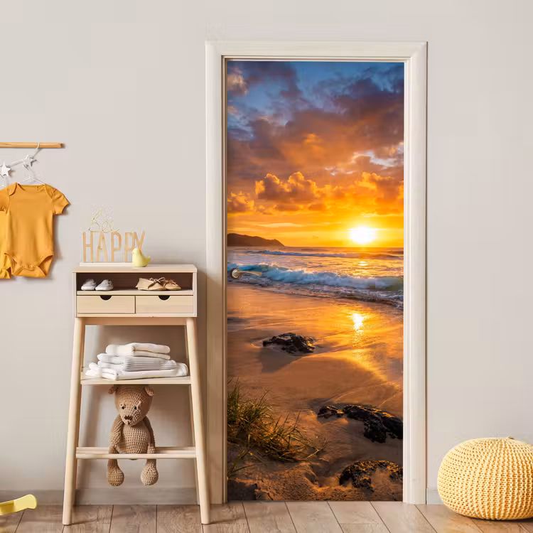 Strand - Zonsondergang - Golven - Natuur - Oranje deurposter klein -sfeer4