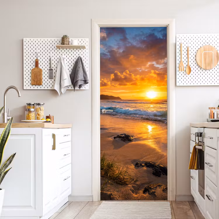 Strand - Zonsondergang - Golven - Natuur - Oranje deurposter klein -sfeer5
