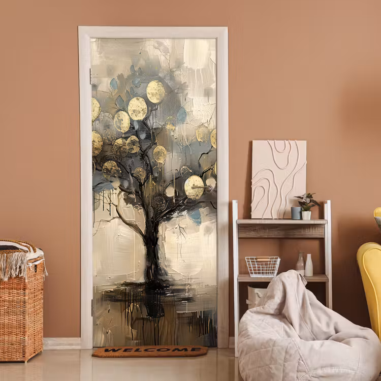 Beige - Abstract - Boom - Goud deurposter klein -sfeer1