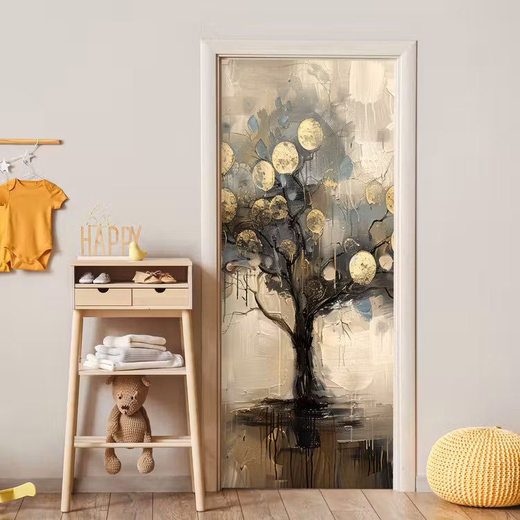 Beige - Abstract - Boom - Goud deurposter klein -sfeer4