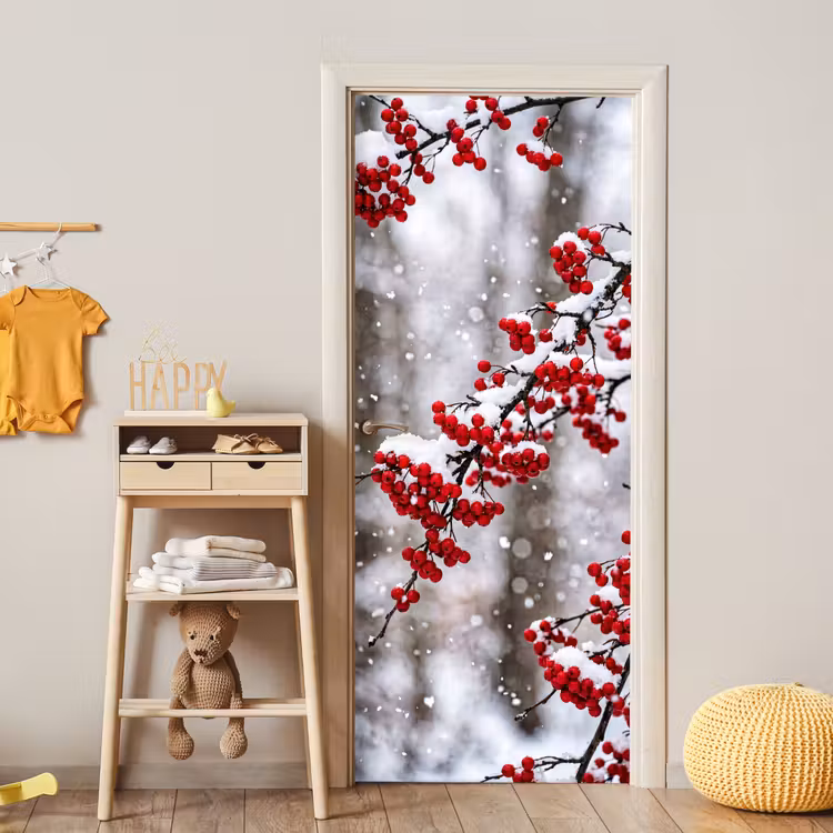 Bessen - Takken - Sneeuw - Winter - Kleurrijk deurposter klein -sfeer4