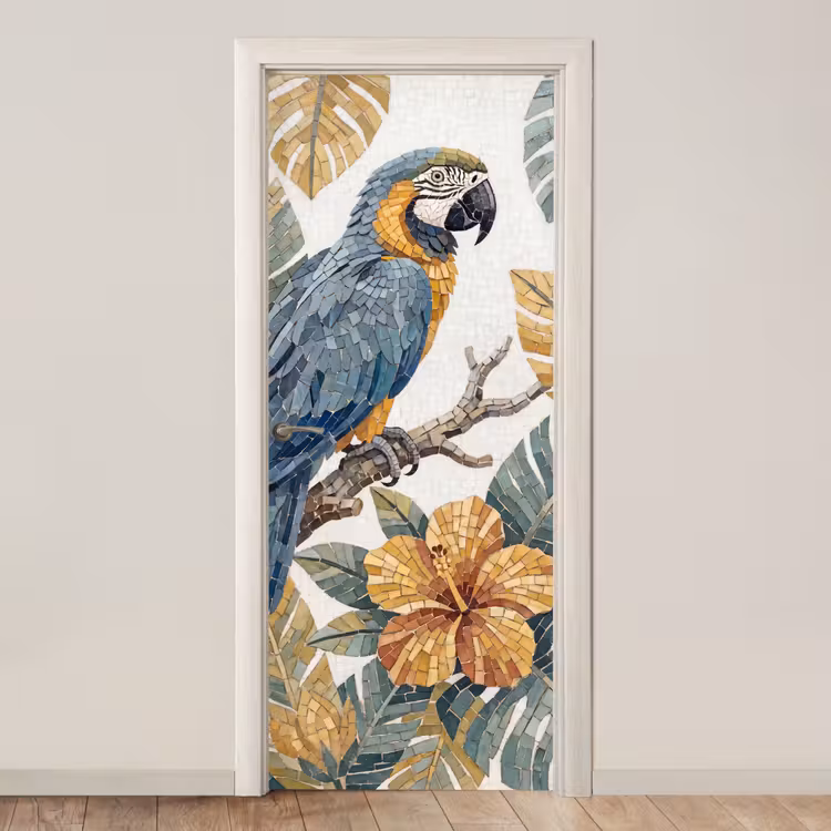 Vogel - Tak - Natuur - Mozaïek - Blauw deurposter klein -3d_beige