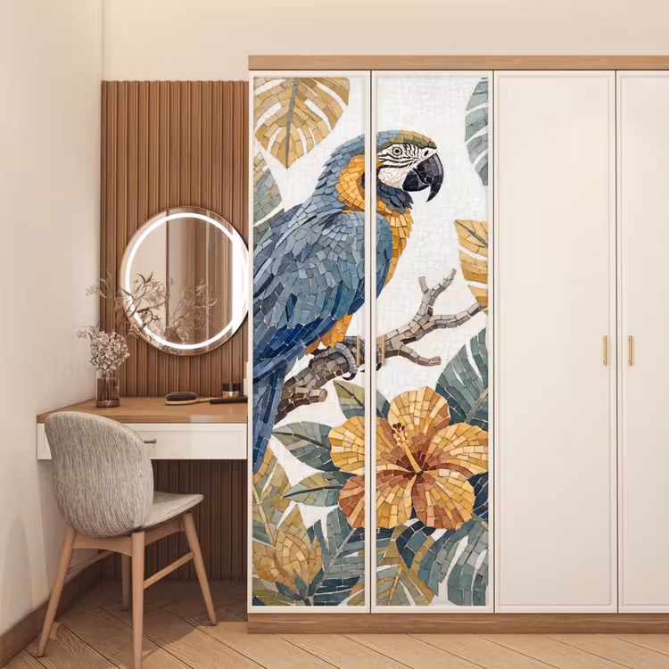 Vogel - Tak - Natuur - Mozaïek - Blauw deurposter klein -sfeer3