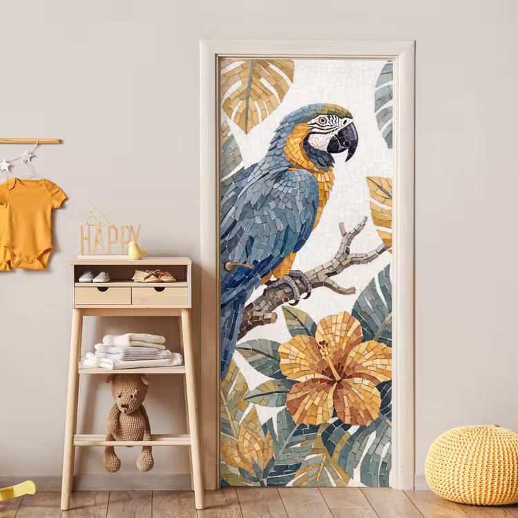 Vogel - Tak - Natuur - Mozaïek - Blauw deurposter klein -sfeer4
