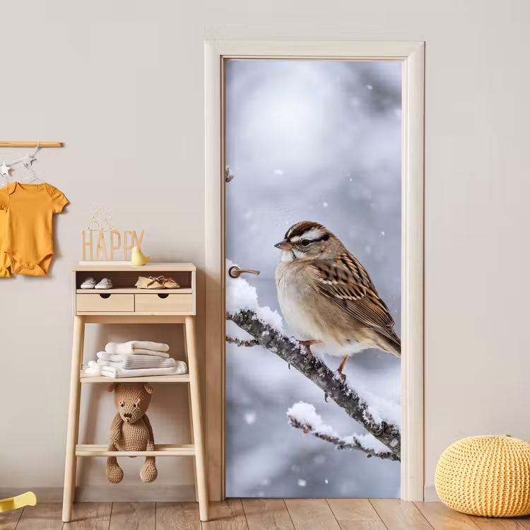 Vogel - Tak - Sneeuw - Winter deurposter klein -sfeer4