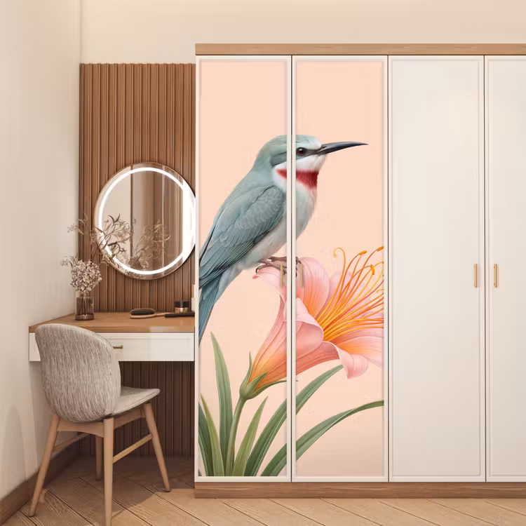 Vogel - Bloem - Natuur - Roze deurposter klein -sfeer3