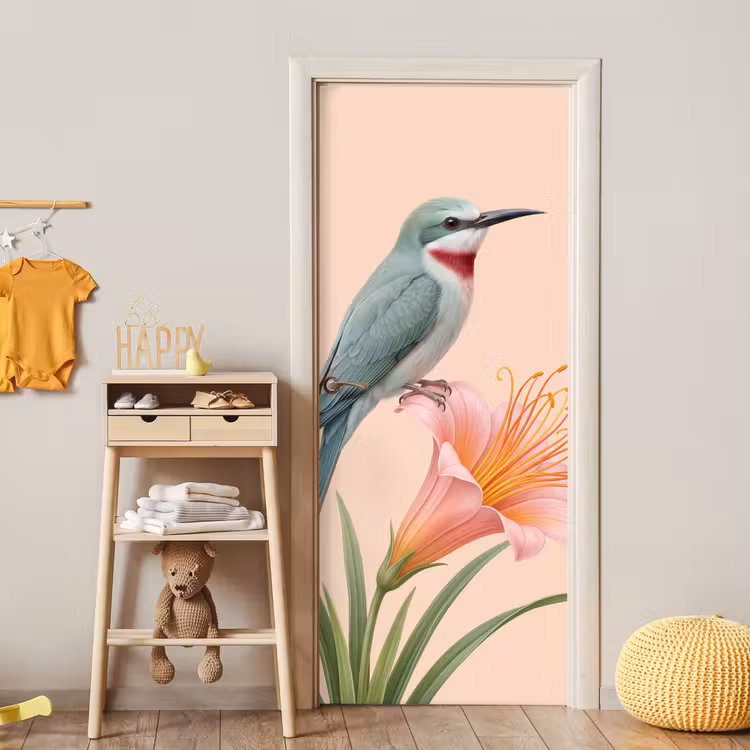Vogel - Bloem - Natuur - Roze deurposter klein -sfeer4