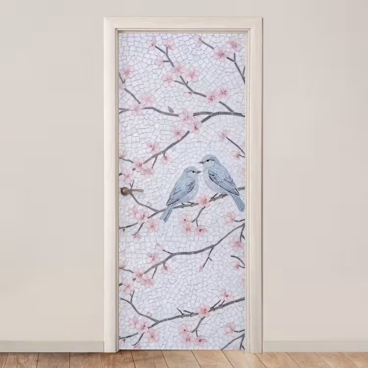 Vogel - Bloemen - Natuur - Mozaïek - Roze deurposter klein -3d_beige