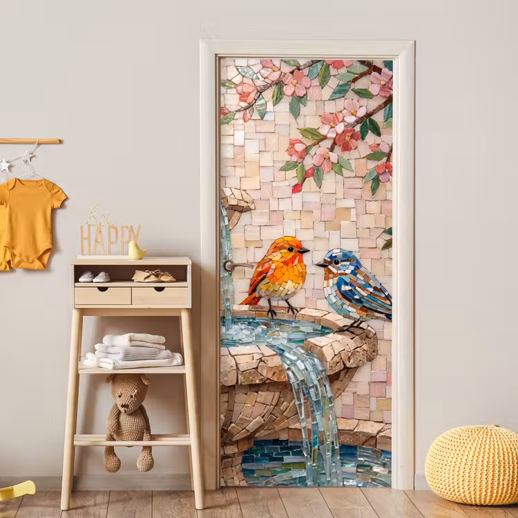 Vogel - fontein - mozaiek - kleurrijk - dieren deurposter klein -sfeer4