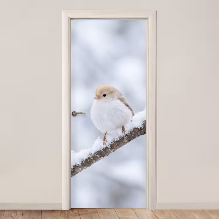 Vogeltje - Sneeuw - Tak - Winter - Zacht deurposter klein -3d_beige