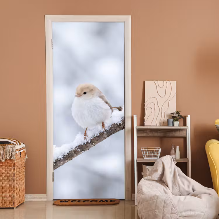 Vogeltje - Sneeuw - Tak - Winter - Zacht deurposter klein -sfeer1