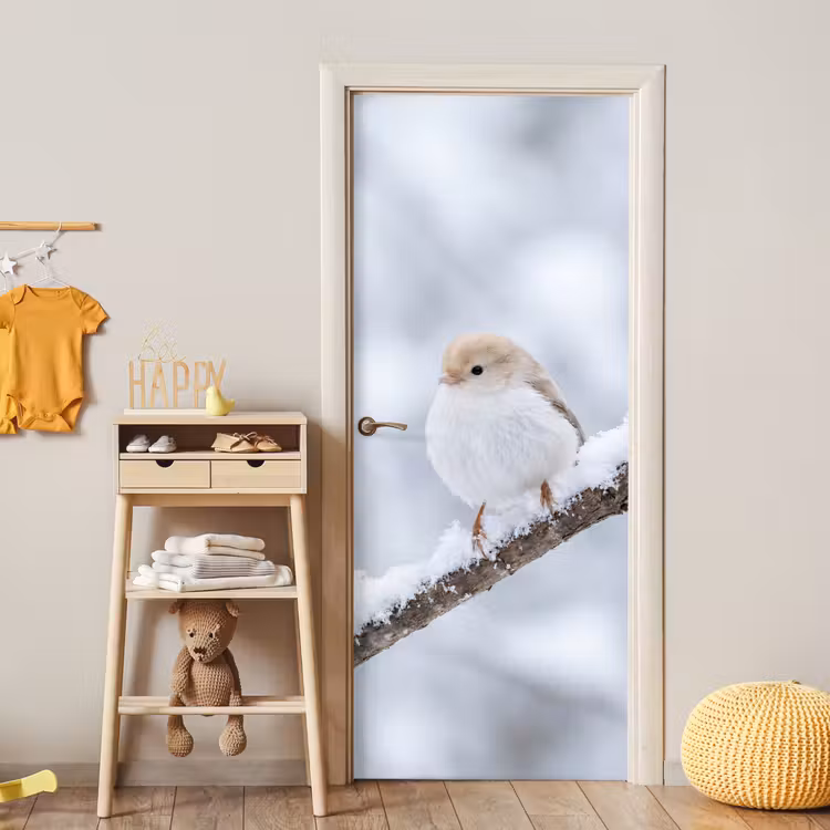 Vogeltje - Sneeuw - Tak - Winter - Zacht deurposter klein -sfeer4