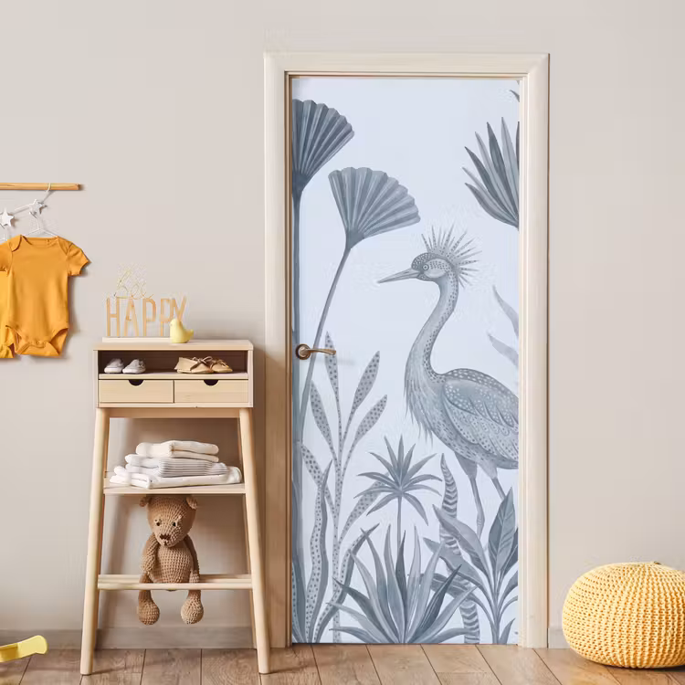 Vogel - Tropisch - Illustratie - Blauwgrijs - Natuur deurposter klein -sfeer4