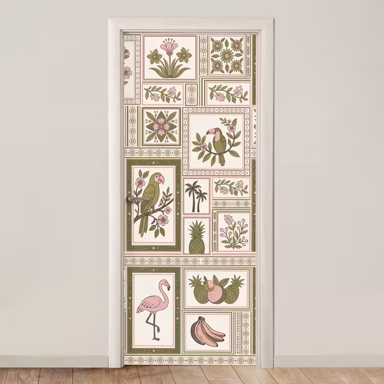 Vogel - Tropisch - Patroon - Decoratief - Groen deurposter klein -3d_beige