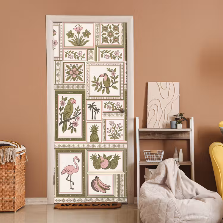 Vogel - Tropisch - Patroon - Decoratief - Groen deurposter klein -sfeer1