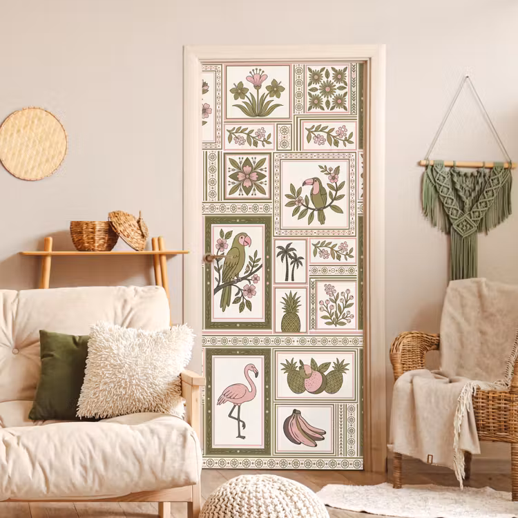 Vogel - Tropisch - Patroon - Decoratief - Groen deurposter klein -sfeer2