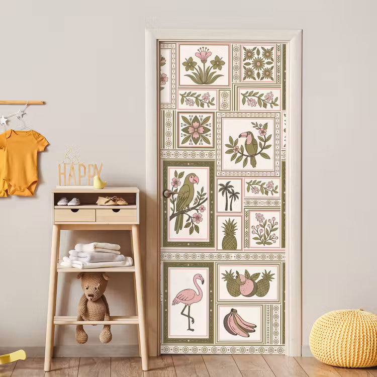 Vogel - Tropisch - Patroon - Decoratief - Groen deurposter klein -sfeer4