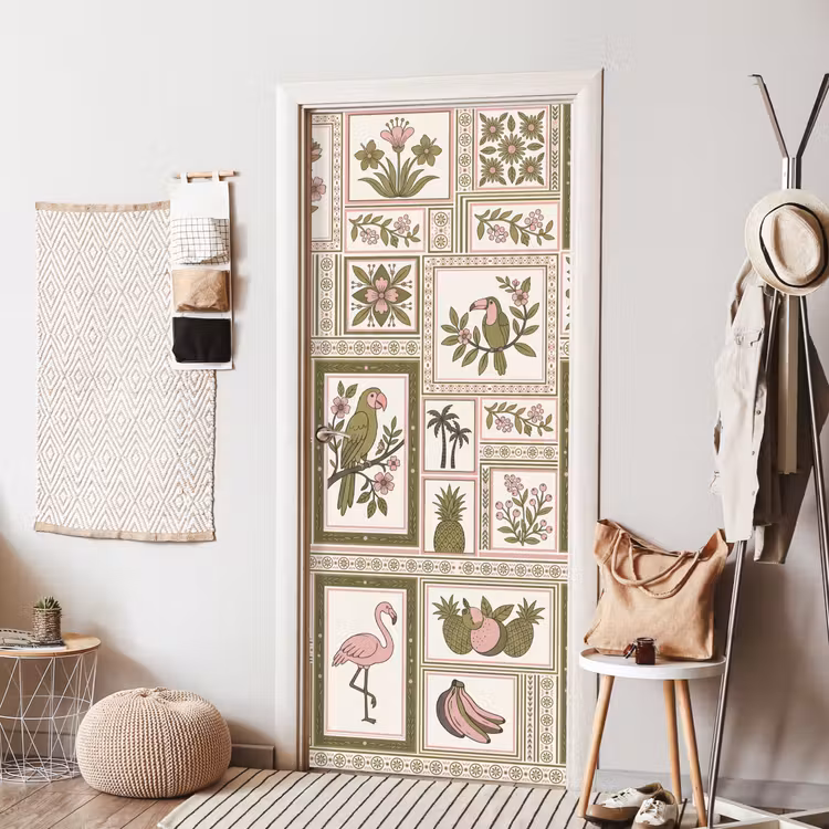 Vogel - Tropisch - Patroon - Decoratief - Groen deurposter klein -sfeer6