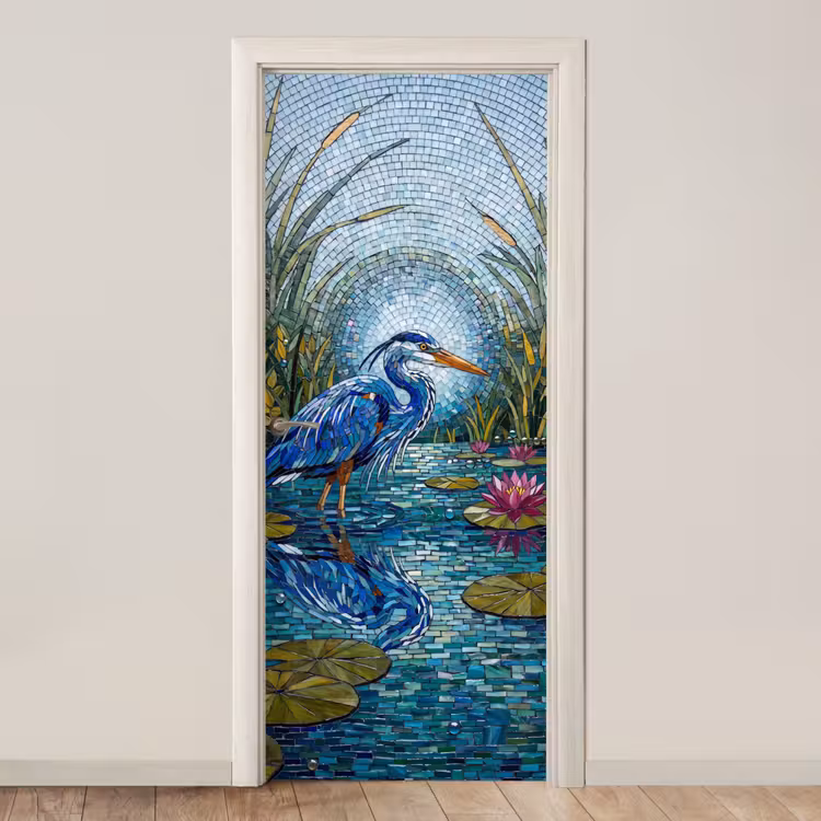 Vogel - Water - Natuur - Abstract - Blauw deurposter klein -3d_beige
