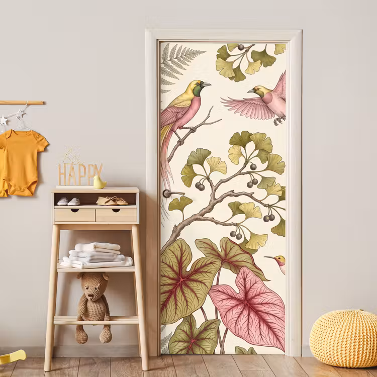Vogels - Tropisch - Botanisch - Roze deurposter klein -sfeer4