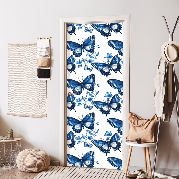 Blauw - Vlinders - Bloemen - Wit deurposter klein 289 -sfeer6