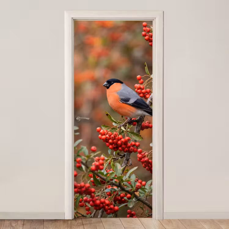 Goudvink - Bessen - Herfst - Natuur - Kleurrijk deurposter klein -3d_beige