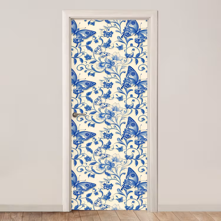 Vlinders - Bloemen - Blauw - Botanisch deurposter klein 289 -3d_beige