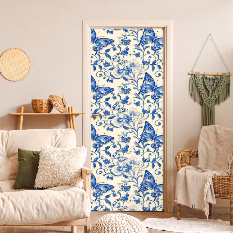 Vlinders - Bloemen - Blauw - Botanisch deurposter klein 289 -sfeer2