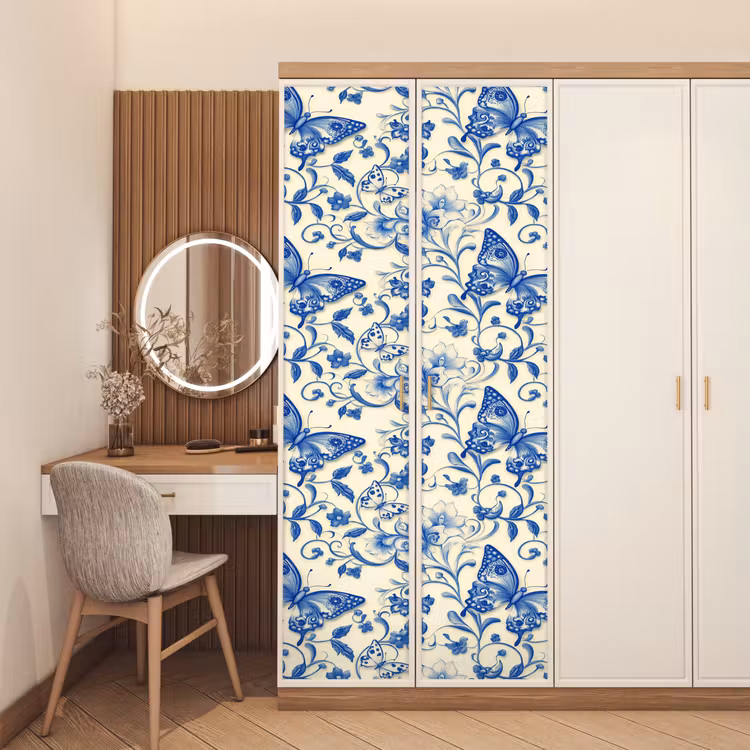 Vlinders - Bloemen - Blauw - Botanisch deurposter klein 289 -sfeer3