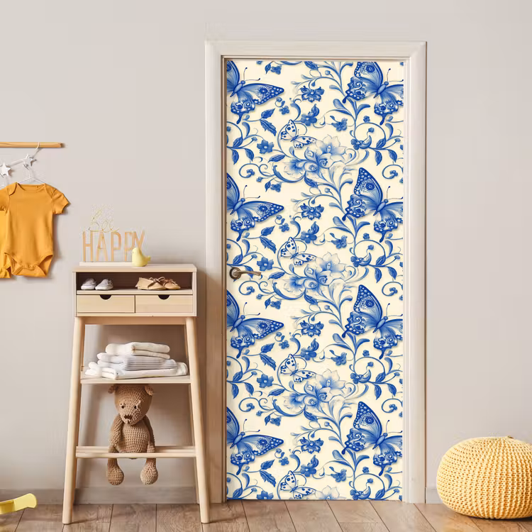 Vlinders - Bloemen - Blauw - Botanisch deurposter klein 289 -sfeer4