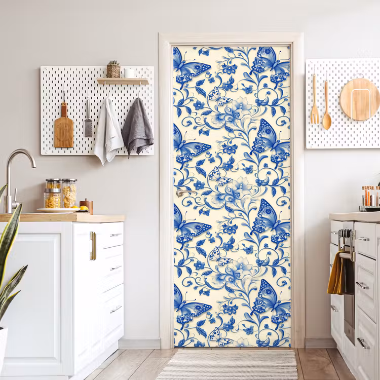 Vlinders - Bloemen - Blauw - Botanisch deurposter klein 289 -sfeer5