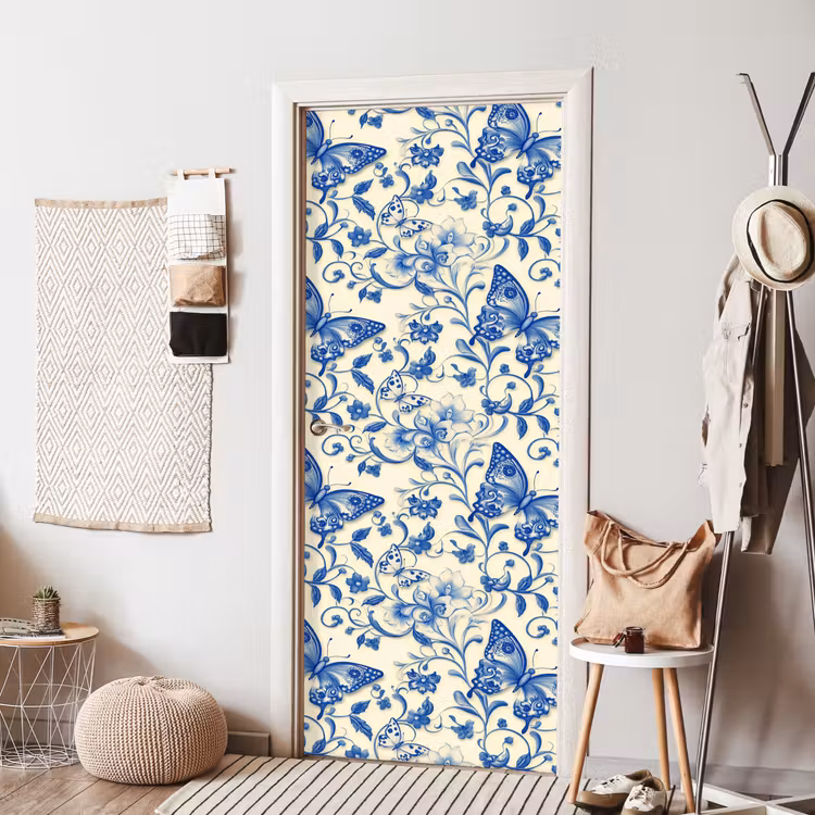 Vlinders - Bloemen - Blauw - Botanisch deurposter klein 289 -sfeer6