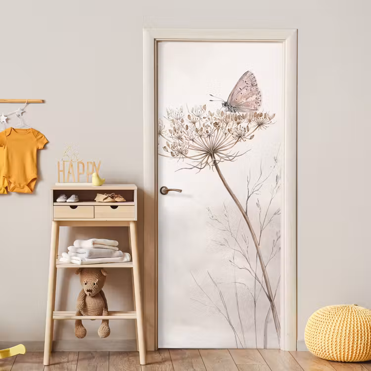 Vlinder - Bloem -Natuur - Beige deurposter klein -sfeer4