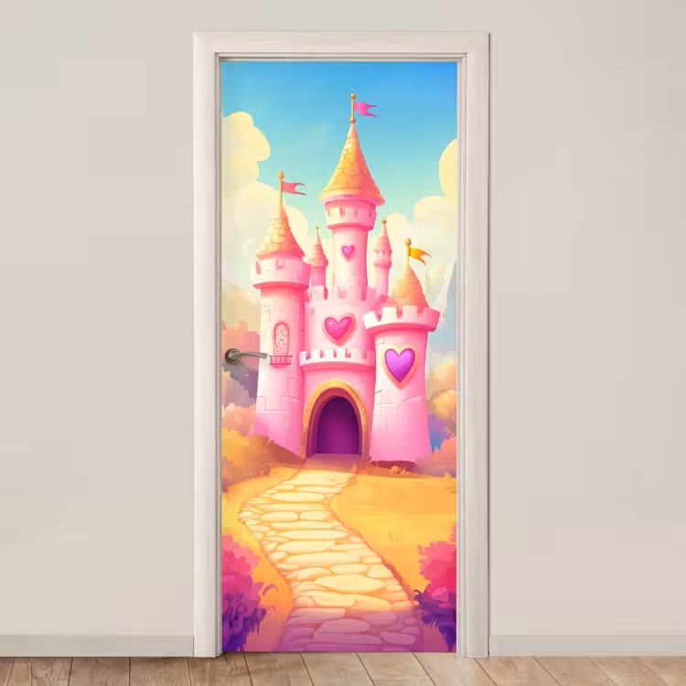 Kasteel - Roze - Pad - Sprookje - Fantasie deurposter klein -3d_beige