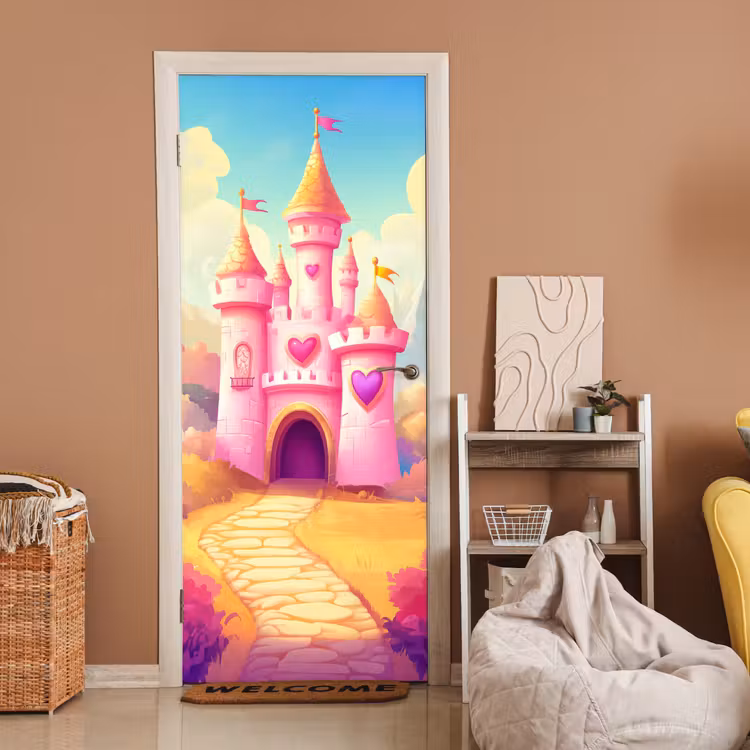 Kasteel - Roze - Pad - Sprookje - Fantasie deurposter klein -sfeer1