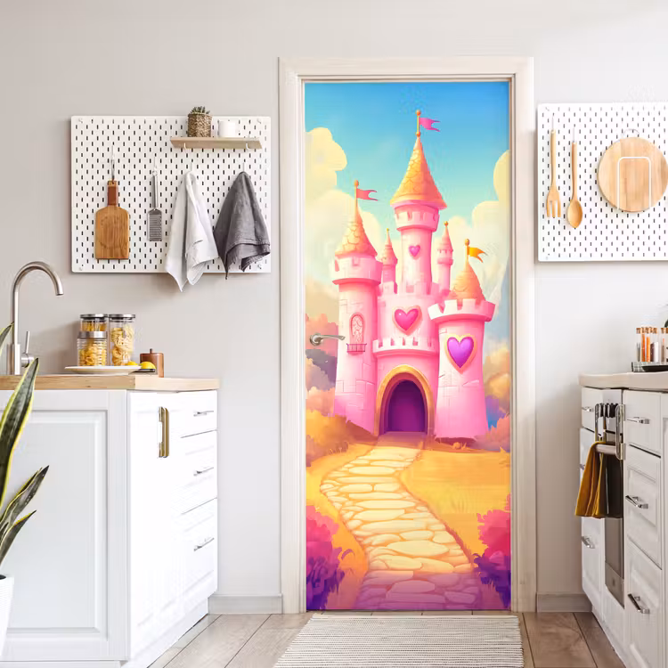 Kasteel - Roze - Pad - Sprookje - Fantasie deurposter klein -sfeer5