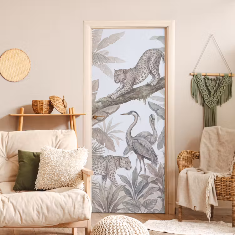 Kat - Vogel - Jungle - Illustratie - Dieren deurposter klein -sfeer2