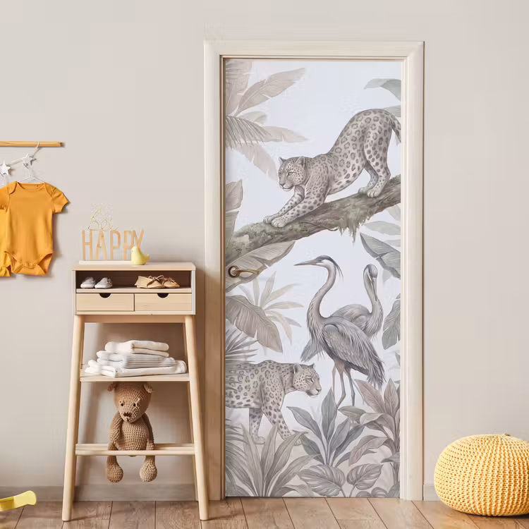 Kat - Vogel - Jungle - Illustratie - Dieren deurposter klein -sfeer4