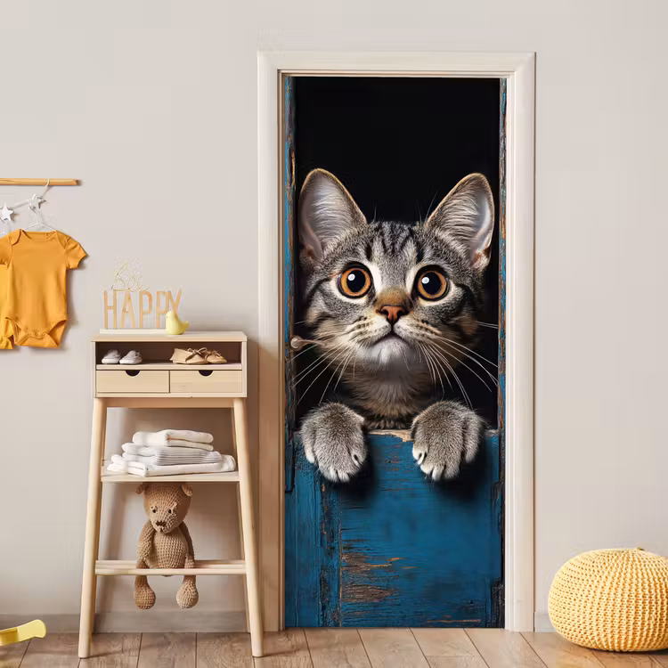 Kat - Doorkijk - Hout - Dieren - Blauw deurposter klein -sfeer4