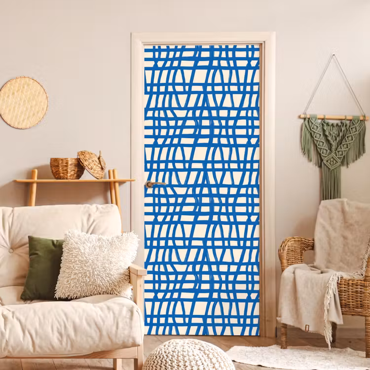 Ruitpatroon - Blauw - Crème deurposter klein 289 -sfeer2