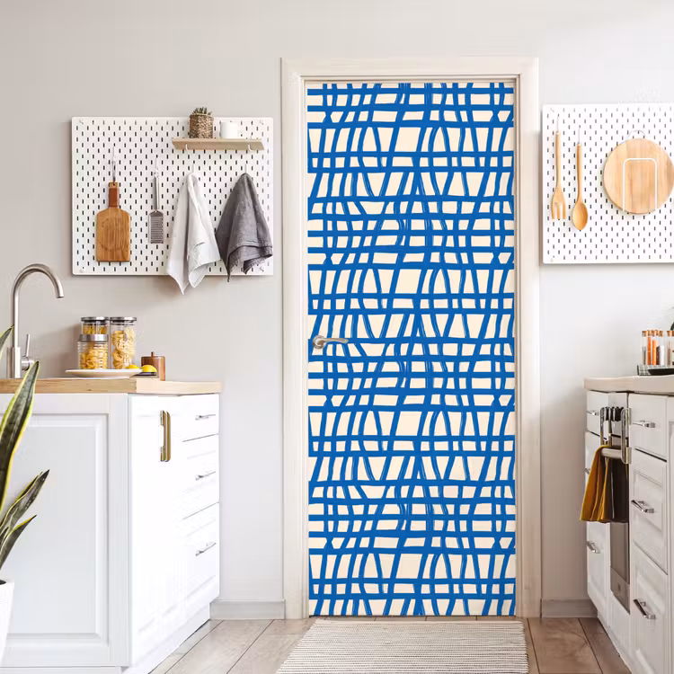 Ruitpatroon - Blauw - Crème deurposter klein 289 -sfeer5