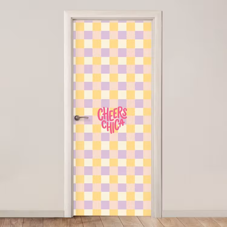 Cheers Chica - Ruitjes - Lila - Geel deurposter klein -3d_beige