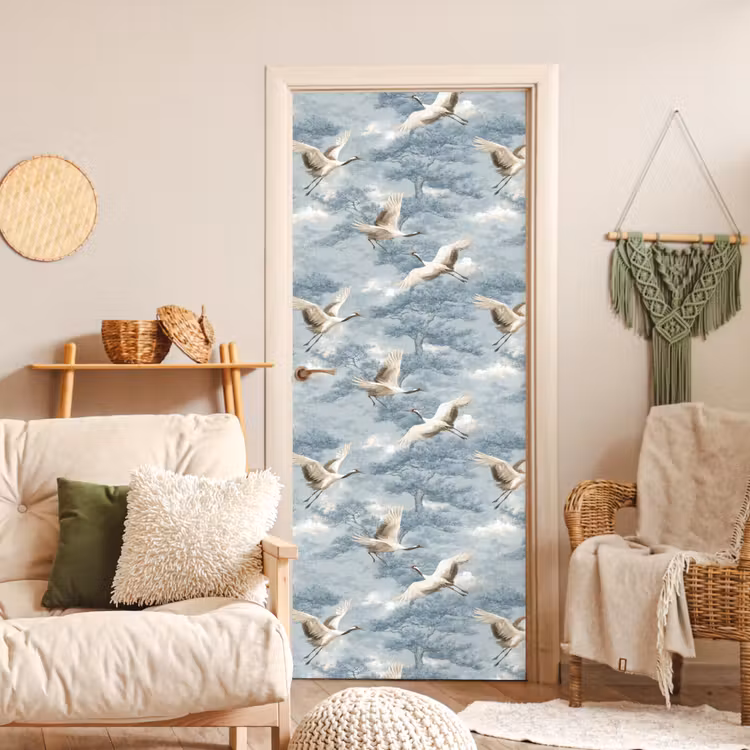 Wolken - Kraanvogels - Blauw deurposter klein 289 -sfeer2