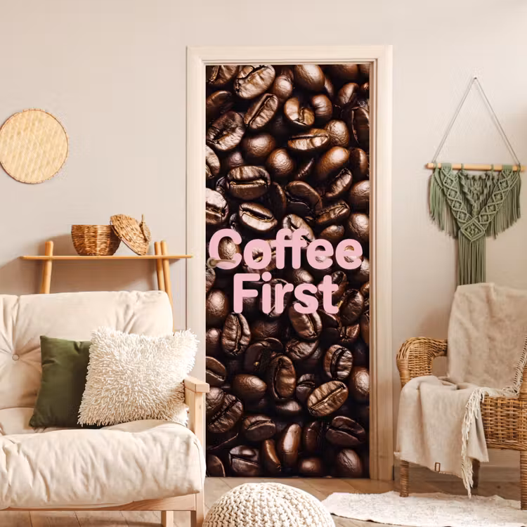 Coffee First - Koffiebonen - Roze deurposter klein -sfeer2