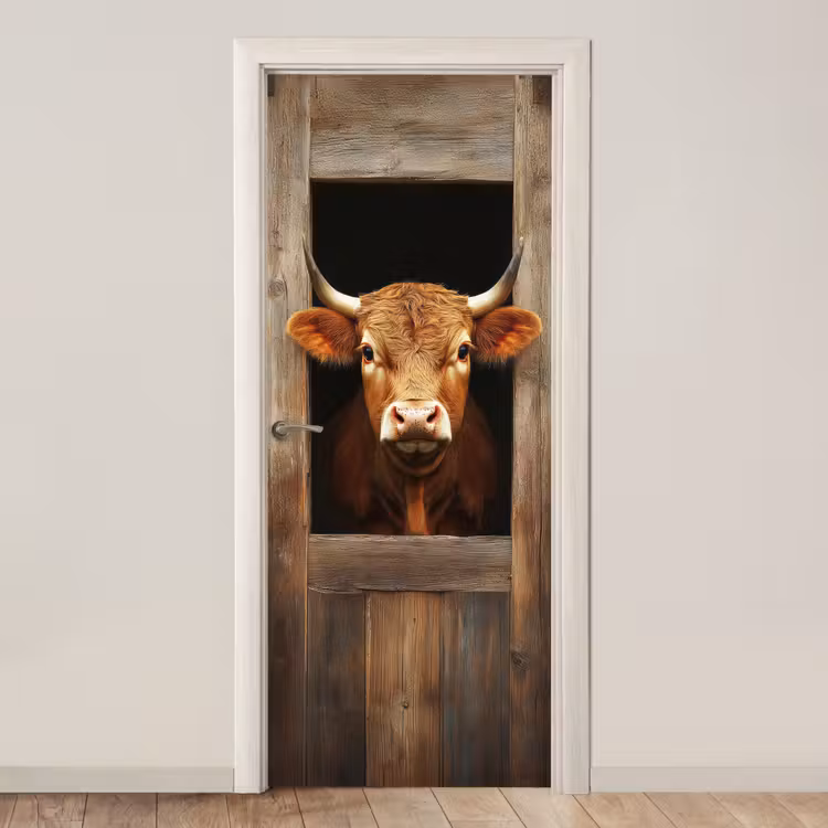Koe - Doorkijk - Raam - Hout - Dieren deurposter klein -3d_beige