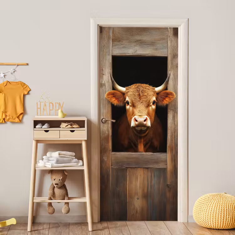 Koe - Doorkijk - Raam - Hout - Dieren deurposter klein -sfeer4