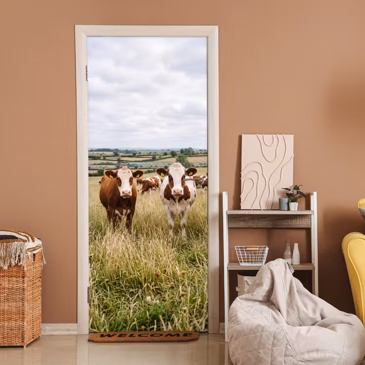 Koeien - Portret - Weide - Boerderij - Nieuwsgierig deurposter klein -sfeer1